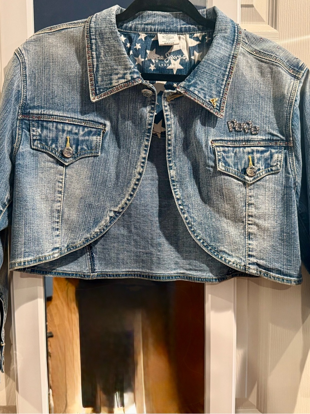 Pepe Jeans London Cropped Denim Jacket with Pink Rhinestone Embellishment